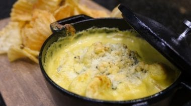 baked gnocchi and cheese in cast iron dish