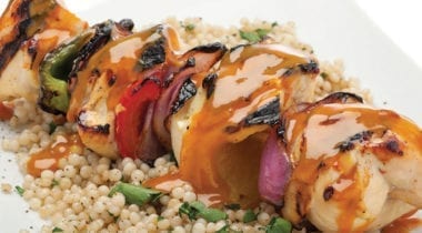 bbq chicken skewer, kabob on rice