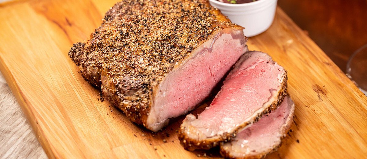 Green Peppercorn Crusted beef cut