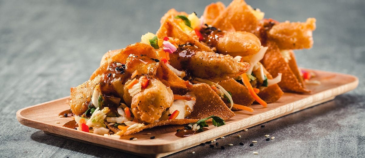 wonton tacos platter with kogi sauce