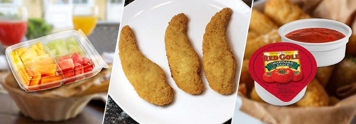 4-compartment tamper-evident takeout container, panko breaded chicken tenders and marinara sauce cups